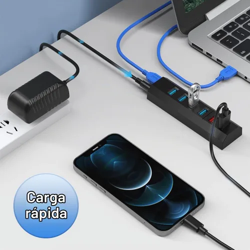 Vista 7 de Aiibe - Concentrador USB, 6 puertos USB 3.0 de súper alta velocidad + adaptador de corriente de 24 W + cable USB 3.0, cargador rápido inteligente