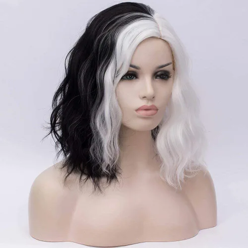 Vista 2 de Peluca corta rizada y ondulada en blanco y negro para mujer, disfraz de cosplay, Halloween