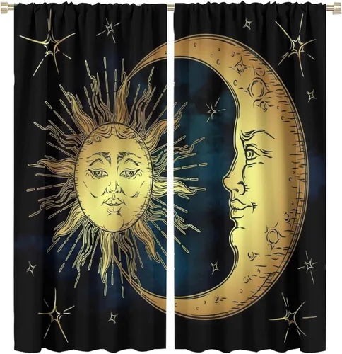 Vista 56 de Cortinas opacas con diseño de sol y luna, cuerpos celestes bohemios, con diseño de sol, luna y estrellas, para sala de estar, dormitorio, 42 x 45