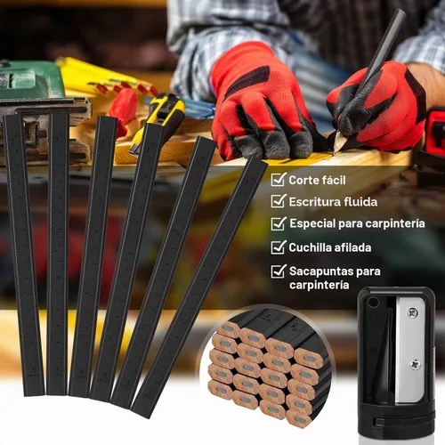 Vista 7 de Honoson 200 lápices planos de construcción con regla impresa, madera grafito, 2 sacapuntas de carpintero para herramienta de marcado de carpintería