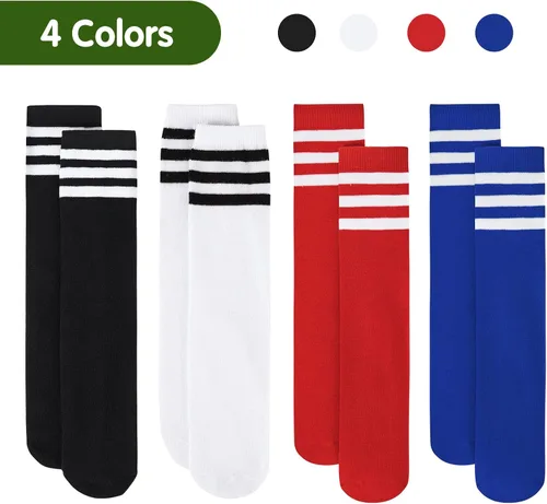 Vista 2 de Century Star 4 pares de calcetines de fútbol para niños, calcetines de fútbol de algodón a rayas, hasta la rodilla, calcetines de tubo suave