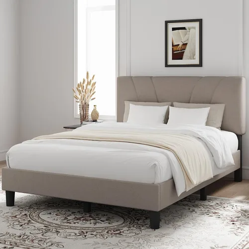 Vista 3 de Novilla Base de cama de tamaño matrimonial con plataforma de cabecera ajustable, base de cama matrimonial con cabecera tapizada de tela de lino,