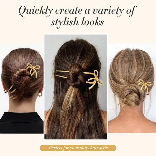 Vista 5 de 2 horquillas francesas de metal dorado para mujeres y niñas, elegantes horquillas en forma de U con diseño de lazo, horquillas de pelo con torsión