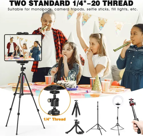 Vista 5 de Adaptador de trípode para tablet con cabeza esférica, soporte para tabletas de 4.7 a 12.9 pulgadas, compatible con iPad Pro, Air, Mini, Selfie