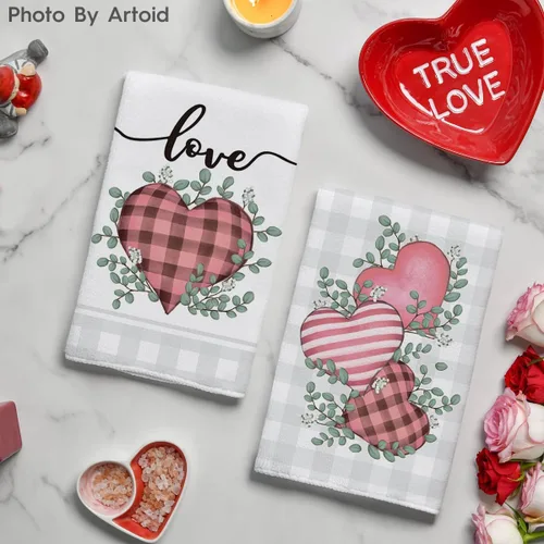 Vista 3 de Artoid Mode Toallas de Cocina Rosa a Cuadros de Búfalo Corazón Amor Toallas de Cocina para San Valentín, 18x26 Pulgadas Toallas de Mano