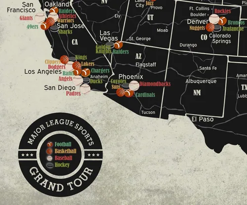 Vista 3 de Grand Tour Mapa del estadio de la Liga Mayor, fútbol, béisbol, baloncesto, hockey (30 pulgadas de ancho x 20 pulgadas de alto)