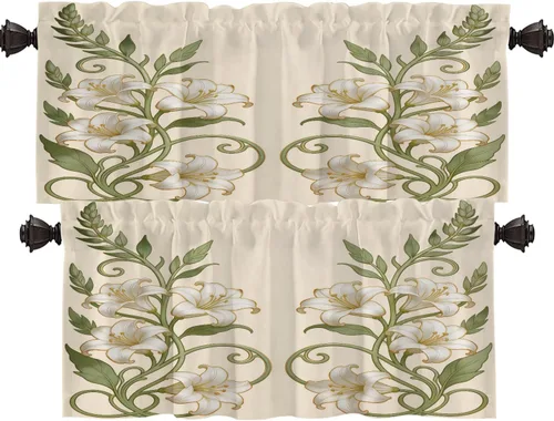 Vista 77 de Shrahala Art Nouveau Floral Pattern Blackout Curtain Tiers, Delicate Vine and Flower Design Kitchen Valance Light Blocking Tier Drapes with Rod