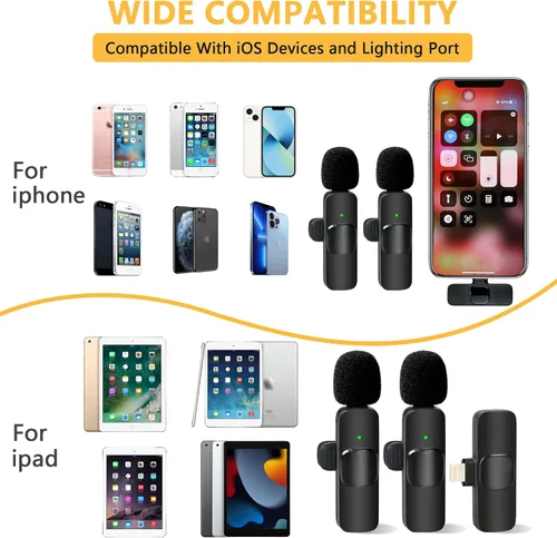 Vista 5 de Micrófono de solapa inalámbrico Lavalier para iPhone iPad Micrófono de clip profesional - Grabación de condensador omnidireccional inalámbrico con 2