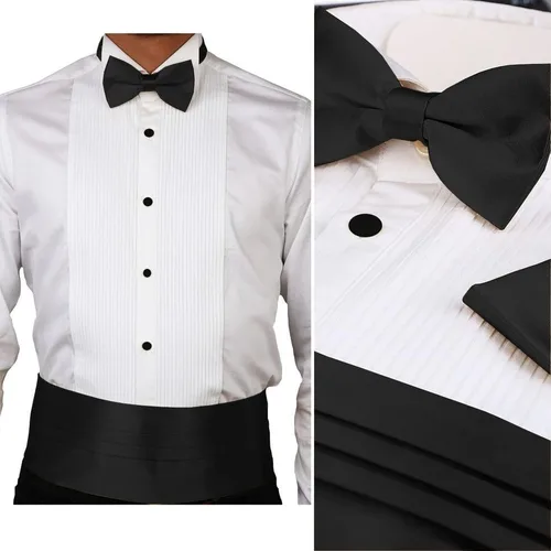 Vista 2 de Camisa de esmoquin con cuello de ala, Cummerbund, pajarita, gemelos y tachuelas Set Blanco, Blanco