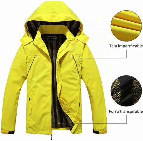 Vista 3 de Chaqueta impermeable para hombre, rompevientos, ligera, con capucha desmontable Amarillo claro