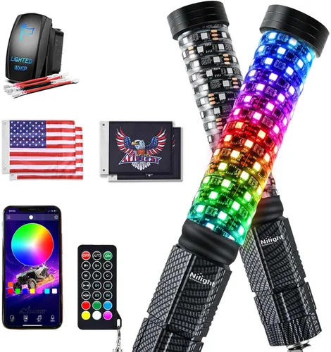 Vista 17 de Nilight Luz LED para látigo, 1 antena COB RGB de 2 pies con base de resorte, aplicación Bluetooth y control remoto, patrones de persecución