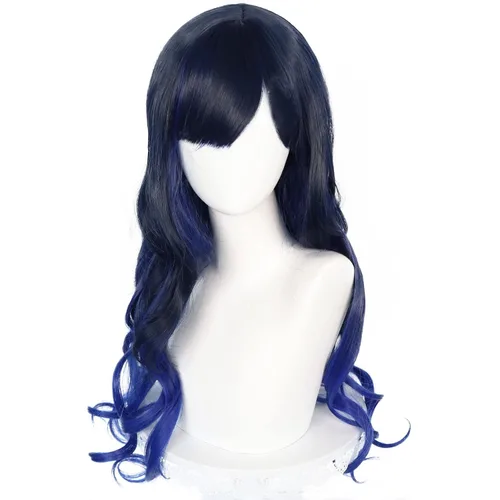 Vista 2 de ANOGOL Gorro de pelo + peluca larga azul oscuro ombré, juego ondulado, colorido escenario cosplay, peluca para mujeres y niñas, peluca sintética