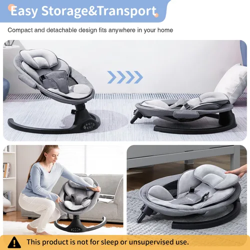 Vista 6 de LAREX Columpio de bebé eléctrico portátil para recién nacidos, niños pequeños, 5 velocidades de balanceo con control remoto, 10 melodías Negro