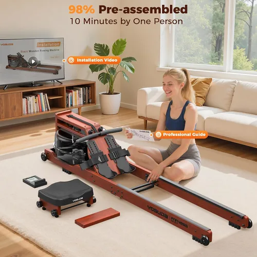 Vista 9 de YOSUDA Water Rowing Machine Foldable for Home Use 5.8 Gal Large Water Tank Immersive Wooden Water Rower Machine, Dedicated Monitor & Bluetooth
