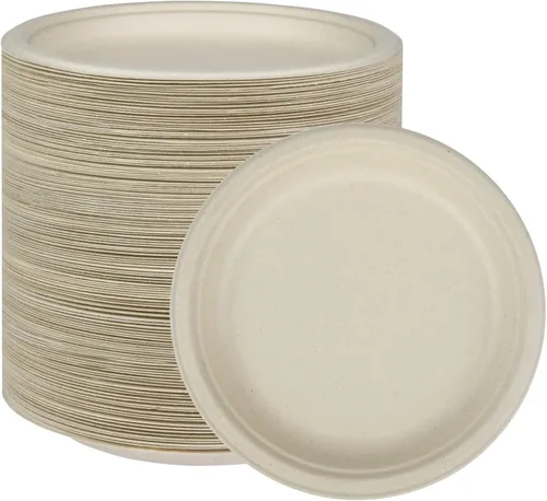 Vista 6 de NYHI Platos de alta resistencia desechables de 10 pulgadas para adultos y niños, platos de papel de caña de azúcar, color marrón, ecológicos