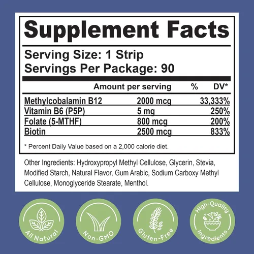 Vista 7 de Essential Source Tiras de energía sublinguales de vitamina B12 de metilcobalamina de 2,000 mcg Biotina, B6, 5-MTHF L-metilfolato Vitaminas B12
