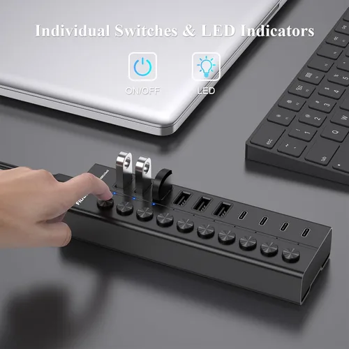 Vista 5 de FIDECO Hub USB alimentado de 60 W para laptop y PC, divisor USB de 10 puertos de 10 Gbps con adaptador de corriente de 12 V 5 A, adaptador
