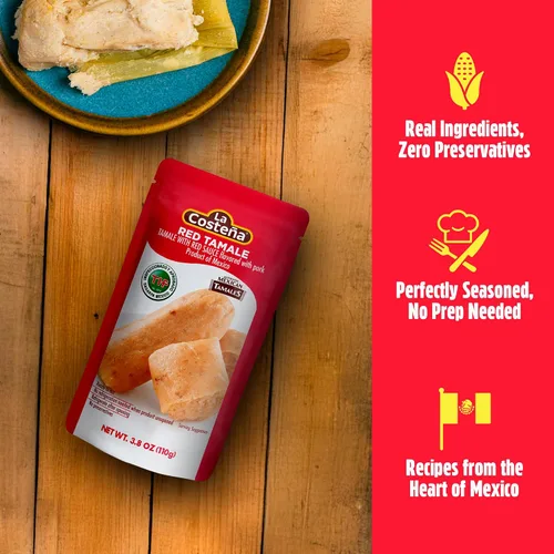 Vista 4 de La Costeña Red Tamales - Bolsa para microondas de comida mexicana, 3.8 onzas, paquete de 12 Made with Pork, Red Sauce & Masa Corn Meal, Ready to