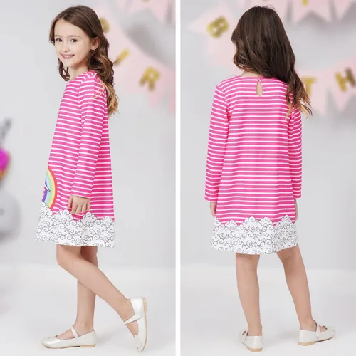 Vista 4 de Quedoris Vestido casual de manga larga con estampado de unicornio para niñas de 4 a 10 años