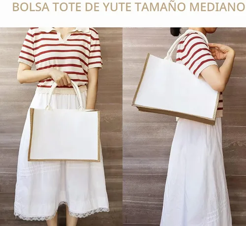 Vista 4 de Bolsa de yute de 14.5 x 6.7 x 10.2 pulgadas, 1 bolsa de arpillera, bolsas de viaje de yute con asa, bolsa de comestibles reutilizable para dama