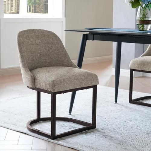 Vista 55 de Leick Home 214536 Barrelback Silla de comedor con base de metal, juego de 2, para comedor, asiento moderno de lino negro y base de metal dorado