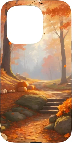 Vista 14 de iPhone 13 Pro Max Idílica escena del bosque de otoño, hojas de otoño, funda de calabazas