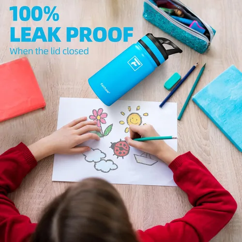 Vista 5 de Fanhaw Botella de agua aislada para niños de 14 onzas con tapa de pajita – Acero inoxidable de doble pared al vacío, a prueba de fugas, botellas