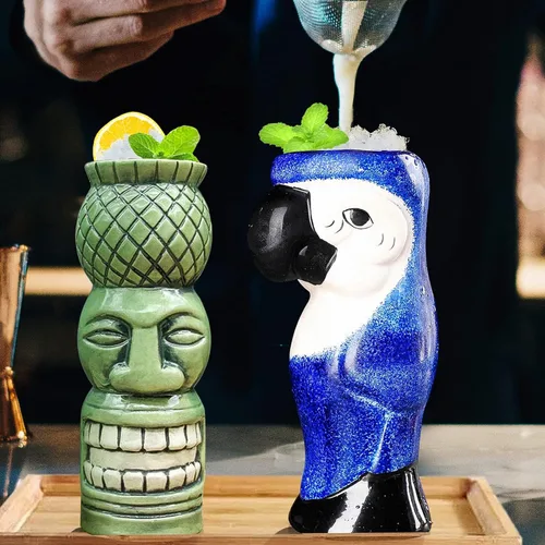 Vista 3 de SuproBarware Tiki - Juego de 4 tazas grandes de cerámica hawaiana para fiestas, cócteles, tazas tropicales de primera calidad, bonitas copas
