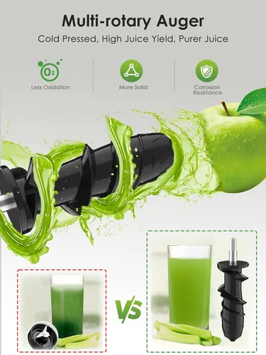 Vista 5 de Exprimidor de prensa en frío para naranja de apio, zanahoria, frutas y verduras, 250 W, máquina exprimidora lenta sin BPA, función inversa, fácil