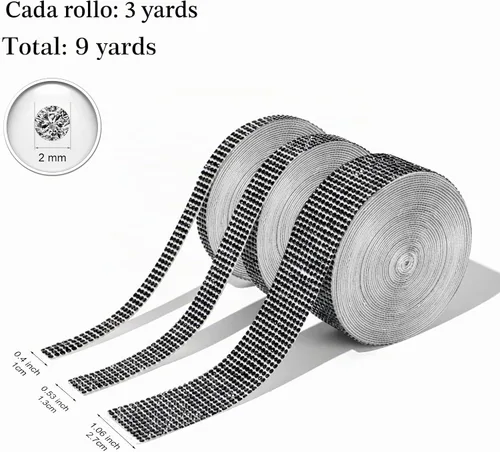 Vista 3 de 3 rollos de 9 yardas de cinta de diamantes de imitación de cristal Negro