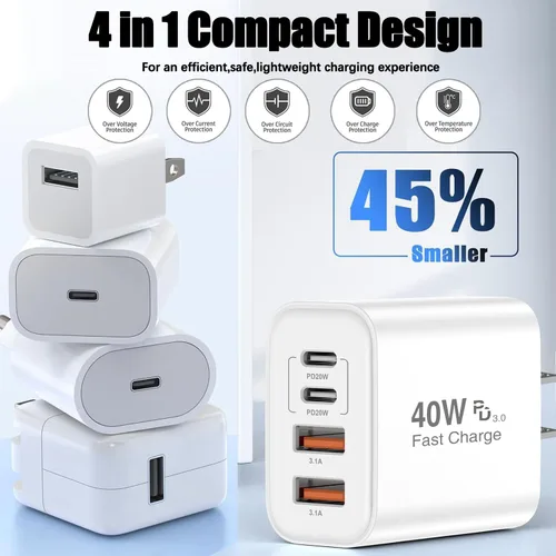 Vista 5 de Cargador para iPhone 17 de carga rápida, bloque de cargador USB C de 4 puertos, paquete de 2 cargadores de Apple de 40 W con cable trenzado USB C a