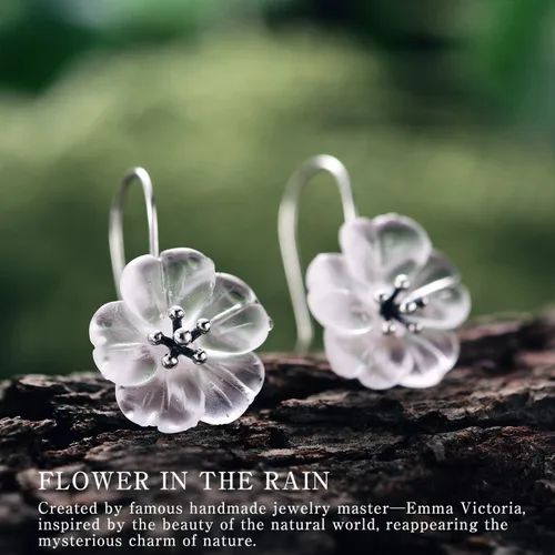 Vista 4 de Lotus Fun Pendientes colgantes de plata de ley 925 con flores en la lluvia de cristal natural elegantes aretes de flores hechos a mano regalo único
