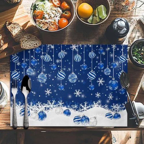 Vista 6 de Juego de 6 manteles individuales de mesa de Navidad, manteles individuales de algodón y lino antideslizantes lavables, bolas de Navidad, copos