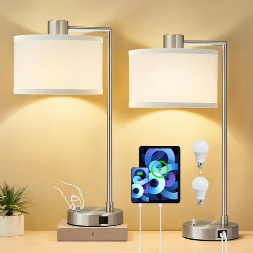 Vista 9 de Luvkczc Lámpara de Mesa para Dormitorio Juego de 2 con Puertos USB C+A - Lámpara de Noche Totalmente Regulable Sin Escalones con Pantalla de Lino