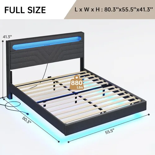 Vista 2 de BTHFST Marco de cama flotante tamaño completo con cabecera de luces LED RGB, tomas de corriente USB-C/A, cama de plataforma tapizada en lino