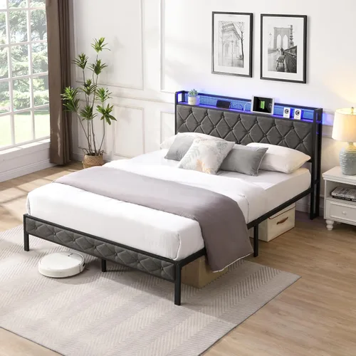Vista 3 de Full Bed Frame Metal, Charging Station and Led Lights, Upholstered Platform Bed with Heavy Metal Slats, No Box Spring Needed, Noise Free, Easy