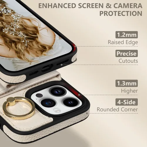 Vista 3 de Funda tipo cartera para iPhone 14 Pro Max de 6.7 pulgadas, con ranuras para tarjetas, soporte para anillos, funda protectora de piel sintética