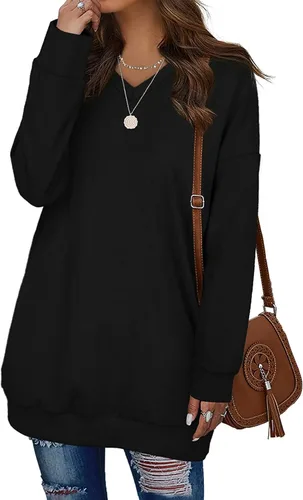 Vista 2 de OFEEFAN Sudaderas de manga larga con cuello en V y bolsillos para mujer