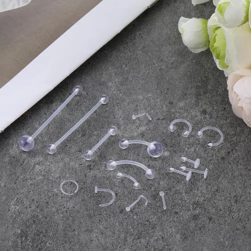 Vista 7 de TIESOME 48 retenedores de piercing transparentes, 15 estilos de aretes transparentes para deportes de trabajo, cirugía de acrílico con parte