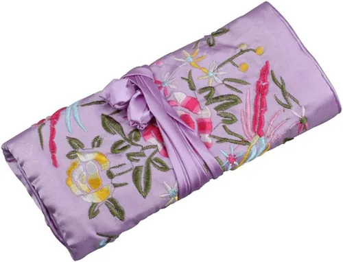 Vista 6 de Bolsa organizadora de joyas de seda oriental, estuche de almacenamiento de viaje, color rosa intenso