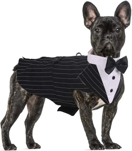 Vista 11 de QBLEEV Esmoquin para perros pequeños, conjunto de traje y bandana, traje de boda con corbatín, disfraz formal de esmoquin para Halloween, Navidad