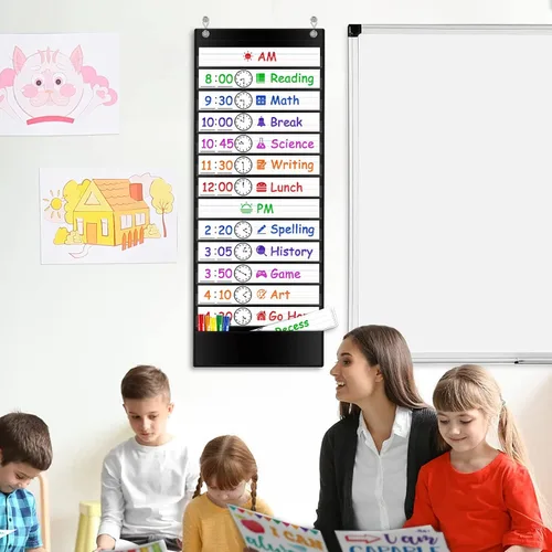 Vista 8 de Calendario diario de bolsillo – 13 + 1 bolsillos para niños con 18 tarjetas reutilizables de borrado en seco y 2 ganchos sobre la puerta para aula