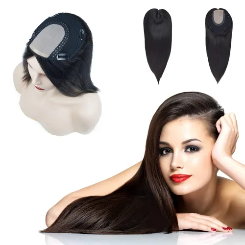 Vista 8 de Toppers para el cabello para mujer, base superior de seda, 6 x 6.5 pulgadas, con clip en la parte trasera tramada, cabello humano virgen de nivel #2