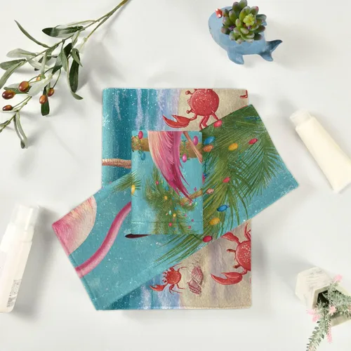 Vista 6 de Pfrewn Juego de 3 toallas de baño de Navidad con flamenco tropical, palmera y cangrejo, toallas de baño, suaves y absorbentes, toallas de mano