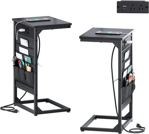 Vista 11 de Mesa auxiliar en forma de C con estación de carga rápida, mesa lateral pequeña para sofá con bolsa de almacenamiento, bandeja de TV para sofá