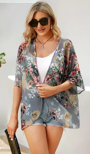 Vista 4 de Cárdigan tipo kimono para mujer, de manga abombada con estampado floral, casual