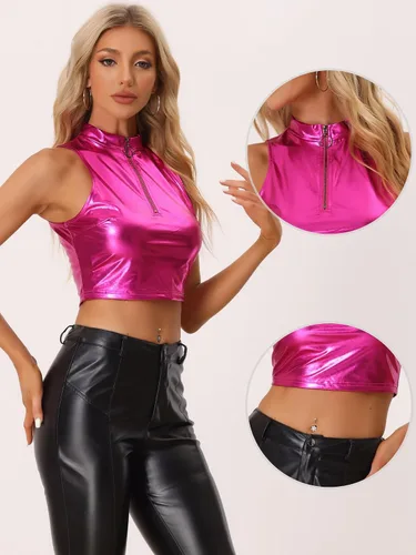 Vista 2 de Allegra K Camiseta corta metálica para mujer, cuello alto falso, con cremallera, holográfica brillante