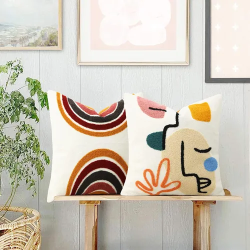 Vista 8 de Merrycolor Fundas de almohada abstractas de estilo bohemio coloridas con líneas de cara de mujer, lindas fundas de almohada estéticas de mediados