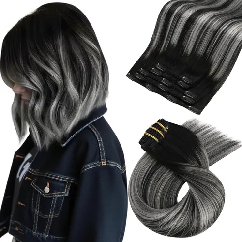 Vista 91 de Moresoo Extensiones de cabello humano con clip, balayage, color marrón oscuro a marrón dorado con clip, extensiones de cabello humano con clip, 5