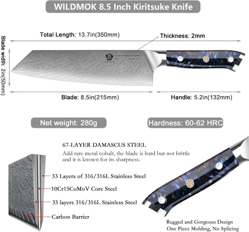 Vista 7 de WILDMOK Kiritsuke - Cuchillo de cocina japonés de acero Damasco de 8.5 pulgadas, cuchillo de chef con mango de resina, cuchillo de cocina de acero